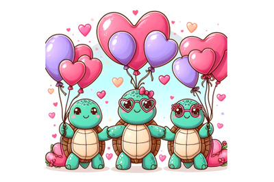 Cute Turtles with Heart-Shaped Balloons