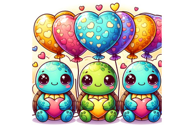 Cute Turtles with Heart-Shaped Balloons