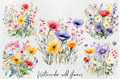 Watercolor colorful wildflowers