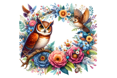 Floral Frame with Owl and Birds