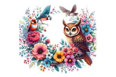 Floral Frame with Owl and Birds