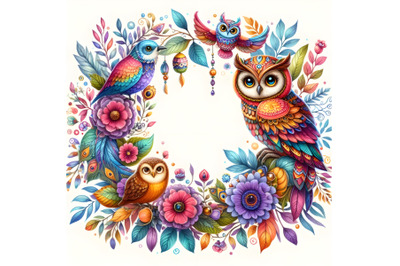 Floral Frame with Owl and Birds