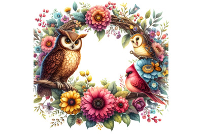 Floral Frame with Owl and Birds