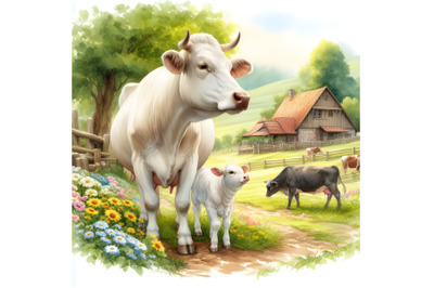 Cows and Their Baby in an Idyllic Farm