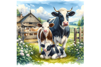 Cows and Their Baby in an Idyllic Farm