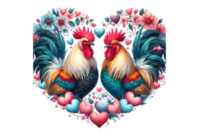 Roosters in Heart Shape