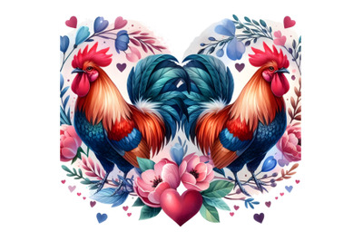 Roosters in Heart Shape