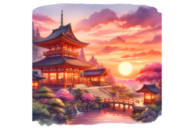 Watercolor Traditional Japanese Temple