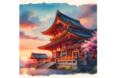 Watercolor Traditional Japanese Temple