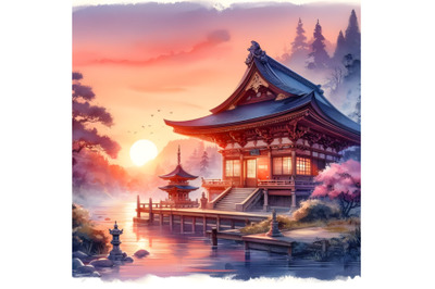 Watercolor Traditional Japanese Temple