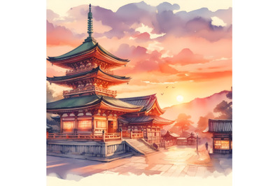 Watercolor Traditional Japanese Temple