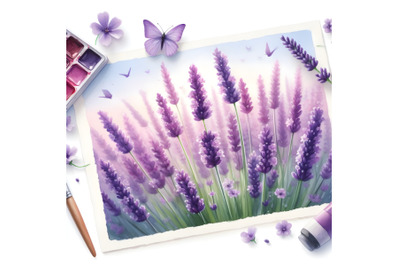 Watercolor painting of purple lavender flowers