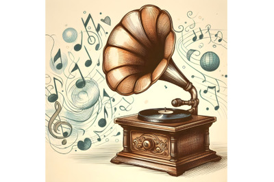 Hand drawn vintage gramophone