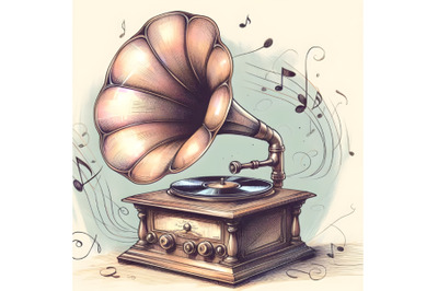 Hand drawn vintage gramophone