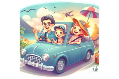 Happy family rides in car