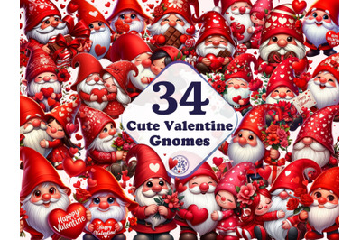 Valentines Gnome clipart bundle - 34 PNG Valentine Gnomes Graphics