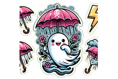 a ghost holding pink umbrella in a rainstorm