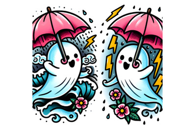 a ghost holding pink umbrella in a rainstorm