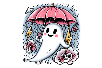 a ghost holding pink umbrella in a rainstorm