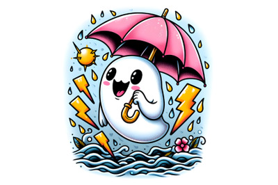 a ghost holding pink umbrella in a rainstorm