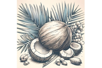 coconut with palm leaf