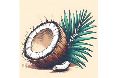 coconut with palm leaf