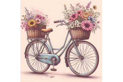 Retro bicycle with flowers in baskets