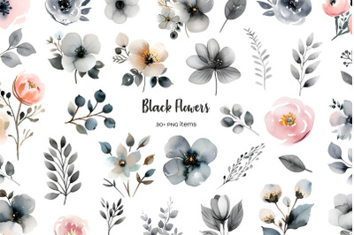 Watercolor black flowers clipart. Black, beige and pink flower clipart