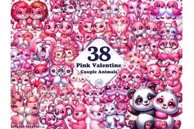 Pink Valentine Couple Animals Bundle, 38 PNG Valentines Day Clipart