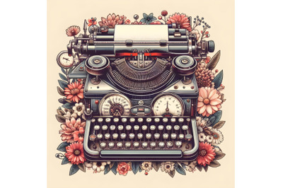 Retro typewriter and flowers