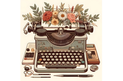 Retro typewriter and flowers