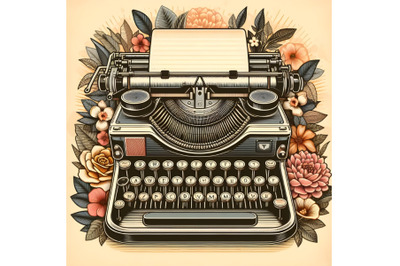 Retro typewriter and flowers