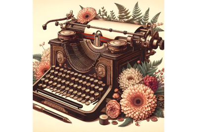 Retro typewriter and flowers