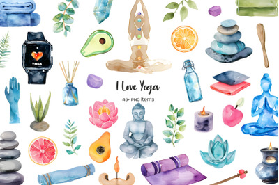 Watercolor yoga items clipart. Colorful yoga equipment. Female yoga clip art. Meditation relax PNG. Yoga items. Health, selfcare PNG
