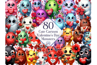 Watercolor Cute Valentine Monsters Clipart Bundle - 80 PNG Cute Cartoo