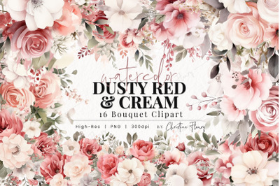 Watercolor Dusty Red &amp; Cream Bouquet PNG