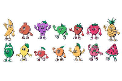 Cartoon fruit characters. Fresh fruits grocery mascots in 1930s rubber
