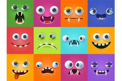 Funny 3d monsters faces. Scary facial expressions, monster mouths and