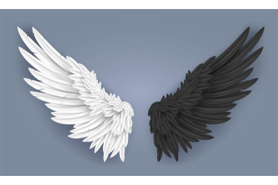 Realistic angel and demon wings. White dove wing with angelic nimbus,