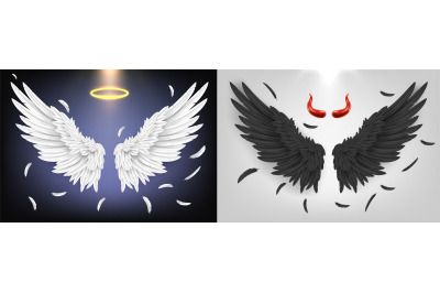 Angel and demon wing. Black and white feathered wings, angelic good an