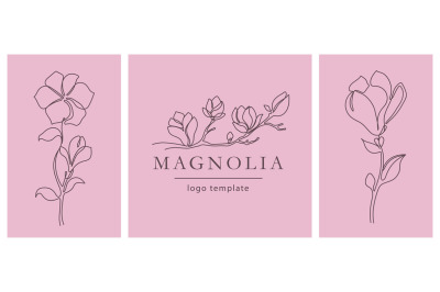Magnolia flowers emblem. Elegant line-drawn blooming branches, minimal
