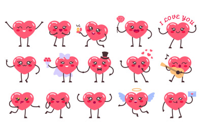 Kawaii heart mascot. Love characters, romantic hearts and cute happy v
