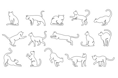 Continuous one line cats. Minimalist feline outlines, various cat pose