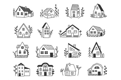 Hand drawn cozy houses. Minimalist line art cottage, vintage country h
