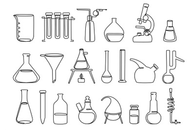 Continuous one line lab equipment. Beakers, test tubes, flasks and mic