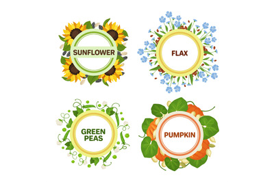 Seed emblems. Round labels with decorative wreaths for agricultural pr