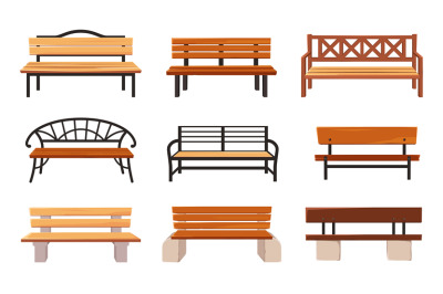Cartoon bench. Wooden park benches, comfortable public garden seats an