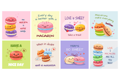 Kawaii macaron cards. French dessert bakery posters with cute macarons