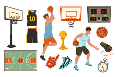 Cartoon basketball. Player jersey, basketball hoop and ball, dribbling