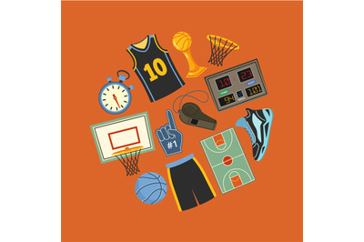 Basketball icons circle. Game equipment, basketball hoop and ball, sco